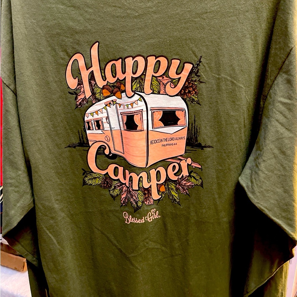 Blessed Girl happy camper ..new with tags …olive green ..long sleeve